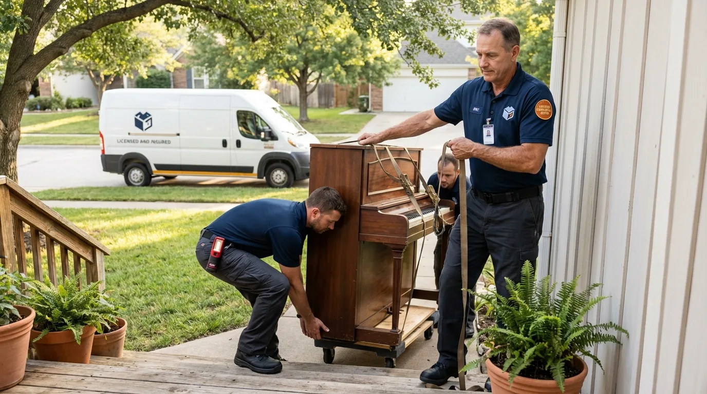 Licensed piano movers securing grand piano in Rocky Mount, NC