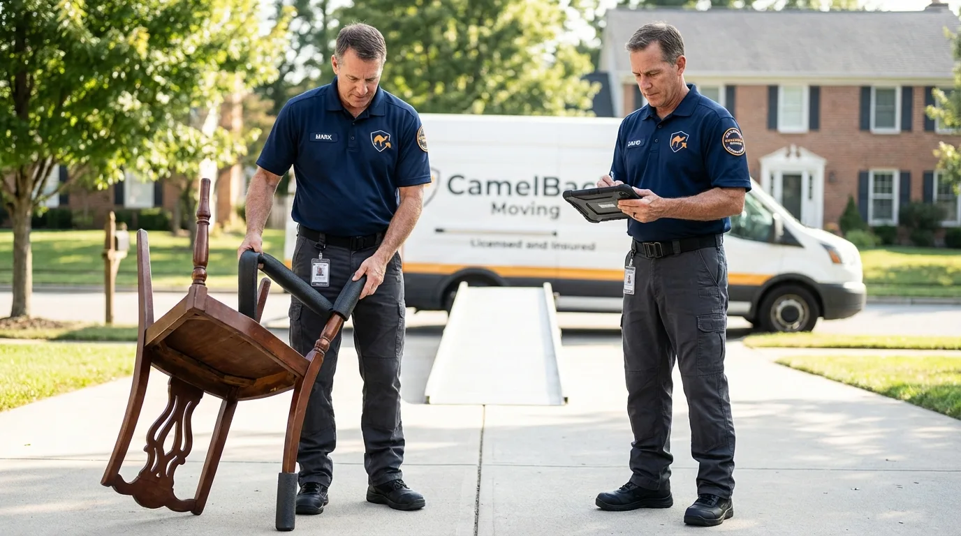 Movers inspecting furniture for damage prevention before loading in Rocky Mount, NC