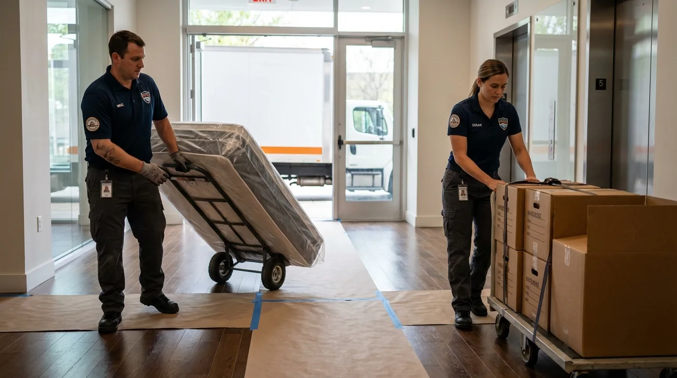 Professional apartment movers loading elevator in Rocky Mount, NC
