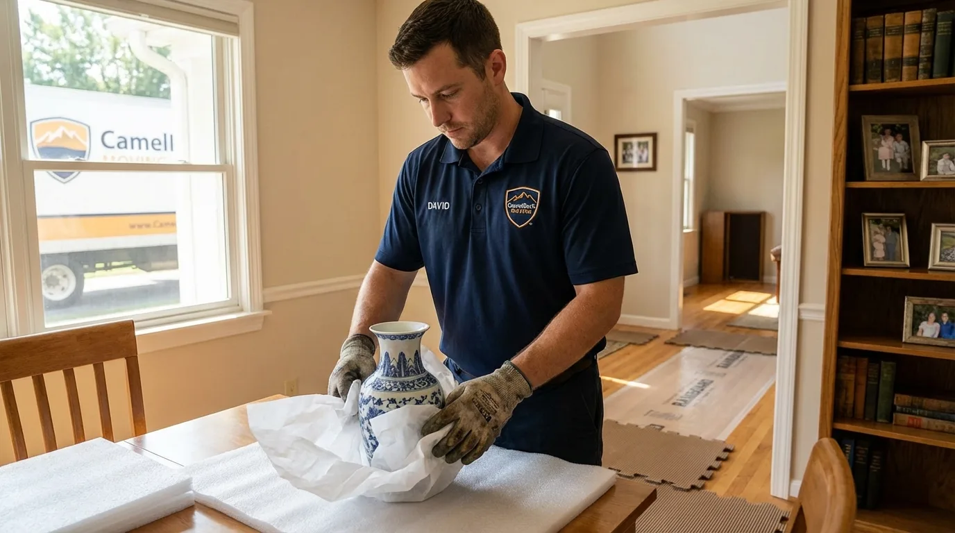 Professional crew carefully wrapping antique vase for senior downsizing move in Rocky Mount, NC